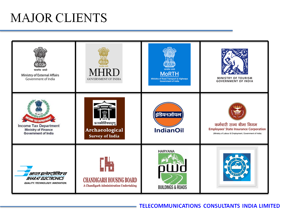 major clients Logos of Major clients including Ministry of External Affairs Government of India, MHRD Government of India,MoRTH Ministry of Road Transport and Highways, Ministry of Tourism Government of India, Income Tax Department Ministry of Finance Government of India, Archeological Survey of India, Indian Oil, Employees' State Insurance Corporation, Bharat Electronics Limited, Chandigarh Housing Board, Haryana PWD Buildings and Roads